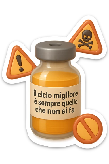 SU QUESTO STILE FAI UN EMOJI STILE IPHONE 3D DI UNa boccetta di fiala medica attorno alla quale fluttuano segnali di pericolo, sull'etichetta della boccetta c'è scritto "il ciclo migliore è sempre quello che non si fa", FALLO MOLTO REALISTICO IN 3D sticker