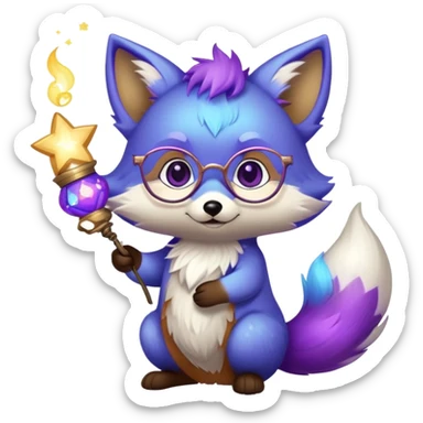 A small magical fox with shimmering purple and blue fur, a glowing fluffy tail, a silver star on its forehead, and round glasses, holding a tiny magical lantern, with heart-shaped eyes, looking in love. 🦊😍 sticker