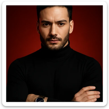 Create an ultra-realistic, high-detail, 4K editorial portrait of the person in the reference image. Emphasize sharp features, flawless fair skin, sleek black hair, and a black turtleneck. The person has arms crossed and wears a wristwatch with a blue dial and brown strap. The background is a bold red gradient with dramatic cinematic lighting. The composition is symmetrical and minimal. This is variation 7. sticker