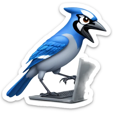 blue jay getting angry at a computer sticker