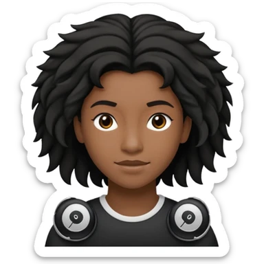 Faça um adolescente de cabelo cacheado   Preto médio sorrindo, com um aparelho dental e fones de ouvido Bluetooth com um moletom branco sticker