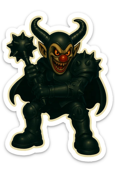 A menacing armored clown with ram horns, holding a mace with an oversized spiked head, wearing a short cape and glossy black on matte black armor, with large but not comically oversized black clown shoes, full body, vibrant retro stickers style, no yellow aged tint, glowing gold-red eyes, with a spike on the knee armor, a spike on the elbow, and multiple spikes on the shoulder armor, transparent background. sticker