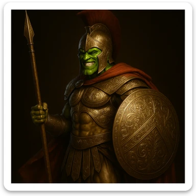 Increase the detail of the Spartan armor, adding realistic engravings, metallic shine, and intricate shield patterns, keeping the Mask's look. sticker