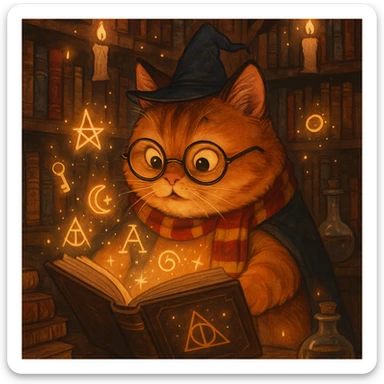 a chubby orange cat reading a spellbook, Harry Potter inspired, magical, fantasy sticker