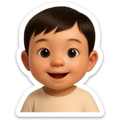 Increase realism to 80% while keeping the cute Asian baby boy emoji look. Use a soft glossy texture and no background. Maintain the emoji style but enhance realistic features subtly. sticker