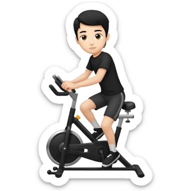 Stationary bike boy riding on it black shirt and black hair sticker