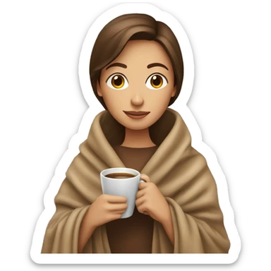 Brown hair lady wearing light brown blanket drinking coffee  sticker