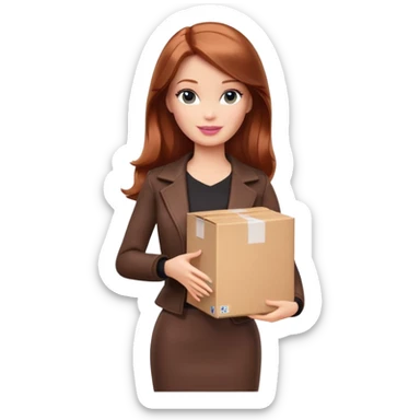 Barbie, shoulder-length reddish-brown hair, holds a package box, Barbie is wearing dark brown colored clothes sticker