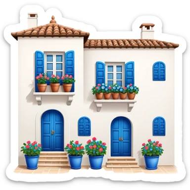 Andalusian-style Spanish house with white walls, blue accents, and flowerpots on windows sticker