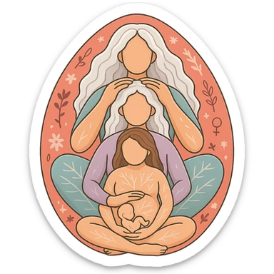 Create a volumetric illustration of several generations of women sitting one behind another as in the reference. The figures should be realistic but without faces, with details, shadows, and highlights. Use thin clean contours and soft rounded shapes in a pastel palette including #98B5BC, #B5B3C1, #C9A3C9, #E4C0CA, #F7DCD1, #F7C0AA. The style should reflect modern Japanese pop-art and sticker aesthetics with soft lighting and a transparent background. sticker