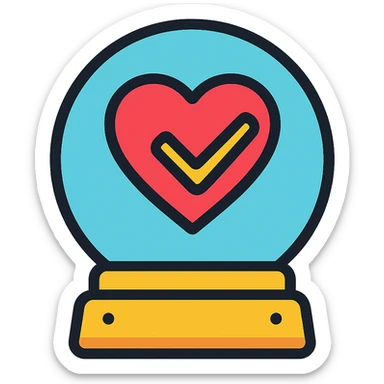 crystal ball icon with a heart and checkmark inside, representing best quality and affordable healthcare, modern icon style, clean lines, subtle color highlights sticker