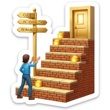represents the habit formation process with a person stacking bricks to build a staircase, a signpost labeled "Cue → Action → Reward", and a glowing golden door at the top symbolizing success and transformation. Let me know if you need any tweaks! 🚀 sticker