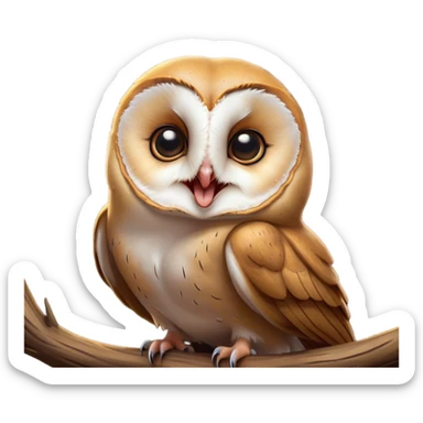 Cinematic Cute Yawning Barn Owl Portrait Emoji, Head tilted slightly with a dramatic, wide-open yawn, showcasing a soft, mottled plumage with subtle brown accents and gently drooping feathers, round amber eyes barely open in drowsy contentment, Simplified yet irresistibly adorable features, highly detailed, glowing with a soft, cozy glow, high shine, relaxed yet expressive, stylized with a touch of nocturnal whimsy, bright and endearing, soft glowing outline, capturing the essence of a sleepy yet affectionate owl, so drowsy it feels like it could glide out of the screen and curl up for a nap! sticker