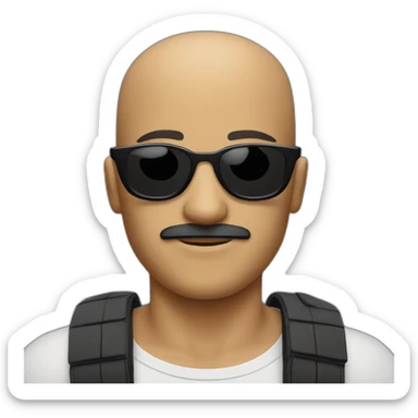 shaved head man with black solar glasses and short mustache sticker