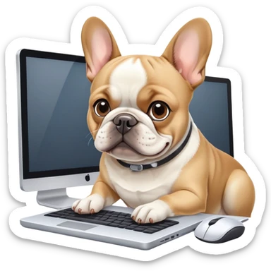 Frenchie working behind computer sticker