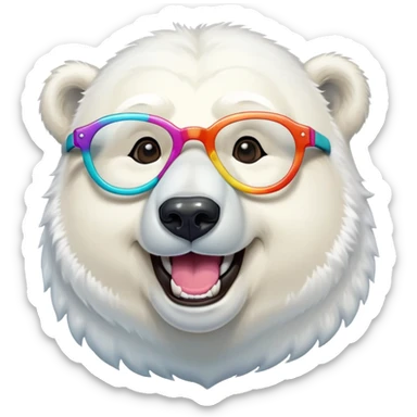 laughing polar bear headshot wearing large multicolored extravagant glasses sticker