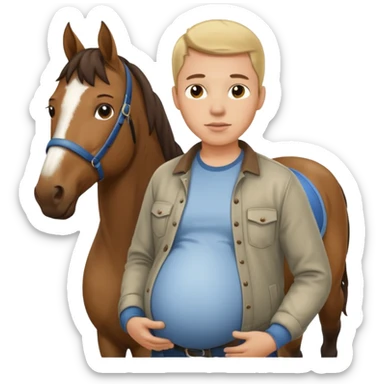 pregnant man in casual wear near horse sticker