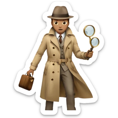 Icon for Detective Movie: A vintage movie poster-style design of a mysterious detective in a trench coat, holding a magnifying glass. Include dark alleyways, fog, and shadowy figures. The design should evoke a classic noir detective story with retro cinematic typography. Transparent background. sticker