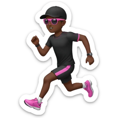 Un uomo che corre vestito completamente di nero, con un cappellino nero, occhiali da sole da bambino rosa sticker