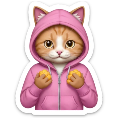 A cat wearing a pink palm puff hoodie sticker