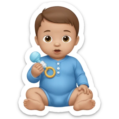 A cartoon baby with light skin, small tuft of hair, wearing a baby outfit, holding a pacifier, front-facing sticker