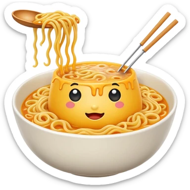 buldak cheese instant noodle emoji, yellow noodles in a bowl, cheese on top, cute and expressive sticker