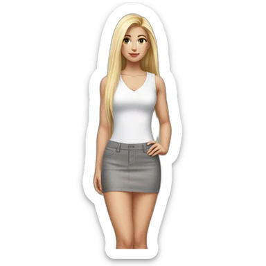 hyperrealistic caucasian blonde, long straight hair, white deep v-neck crop tanktop, gray tight mini skirt sticker