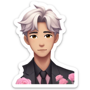 Gorgeous romantic anime style Asian formal modern gentlemanly guy with cat ears and flowers and blushing face aesthetic trending style outside with colorful gradient colors sticker