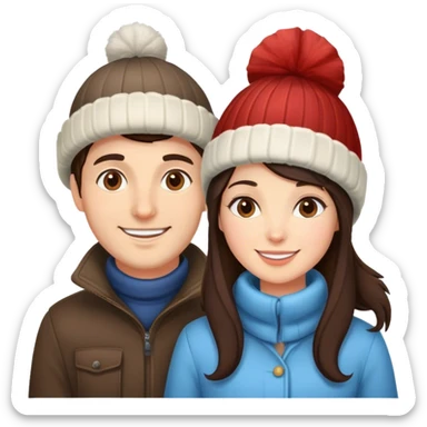 happy brunette man and woman in winter hats sticker