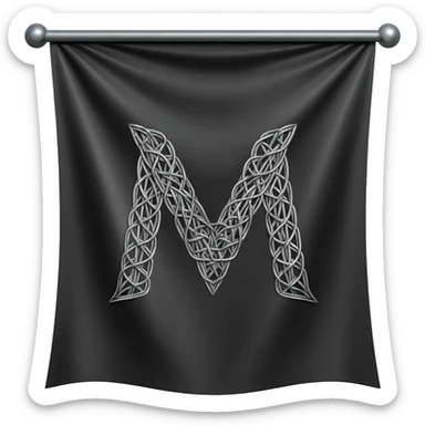 ...Minimalist 3D isometric render based on image_1.png: a large, sharp, geometric letter 'M' woven with matte steel-grey thread central on the draped black silk flag. Polished steel pole, pure white background for sticker quality --no background sticker