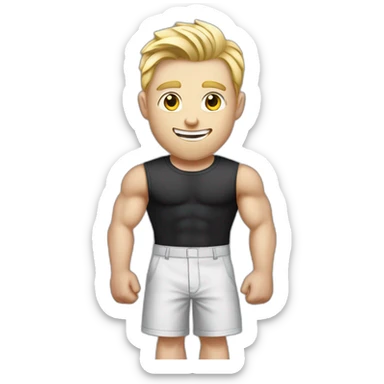 Pale skinned Fit Man With the biceps and blonde hair in black shirt, gray sports shorts and white Sneakers Writing text on the flipchart sticker