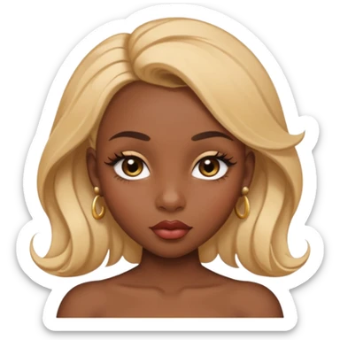 darkskin female with eyebrows that are naturally shaped and frame eyes well, eyes that are almond-shaped with defined lashes. nd lips are full with a defined cupid’s bow, add also a septum piercing that adds an edgy, stylish flair. a middle-part, honey blonde bust-down with laid baby hairs sticker