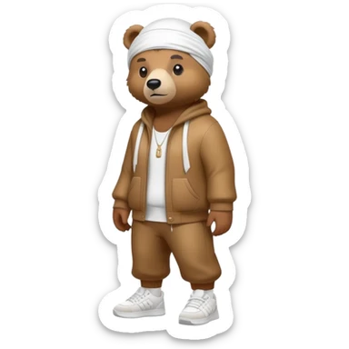 Complete full-body view of a bear wearing a white durag and stylish urban sneakers, showing from head to toe sticker
