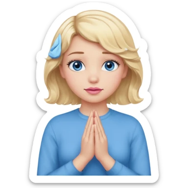 Girl Blonde short wavy hair,  blue eyes, cute blue top, long lashes, pink lips, praying hands sticker