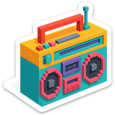 retro boombox with detailed buttons, cassette player, and large speakers sticker