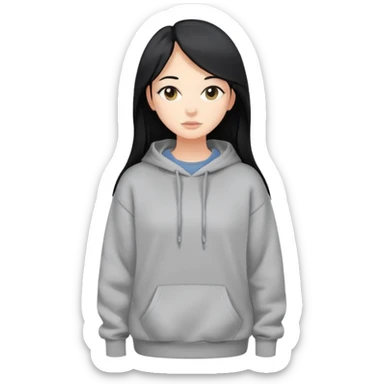 full-body female avatar, flat vector, long black hair, oversized sweatshirt, neutral background sticker