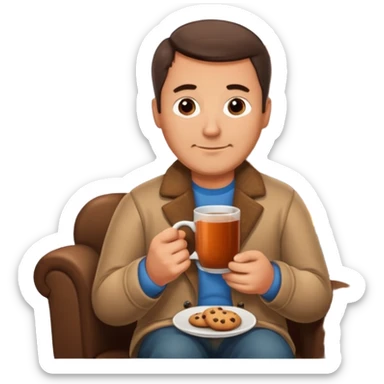 Cozy handsome 45 year old man sitting next to a nice fireplace with a hot apple cider, book, and plate of chocolate cookies. sticker