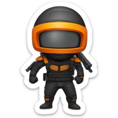 ninja with a halo above their head, two guns on their back, orange visor sticker
