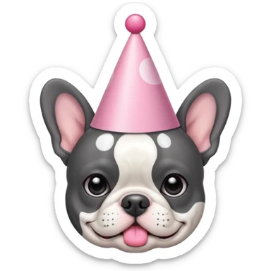 french bulldog with a birthday hat and black and white and grey coloring. please make it emoji style please. also please make the dog have a pink hat sticker