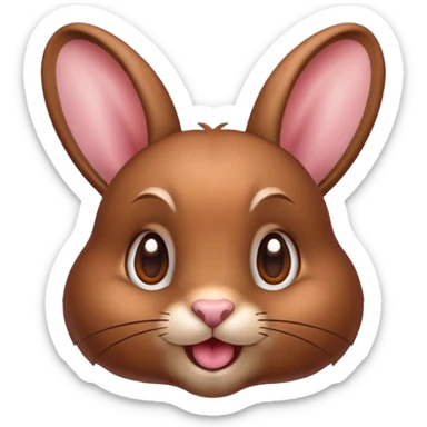 Cinematic Cute Brown Rabbit Portrait Emoji, Head tilted playfully and inquisitively, featuring a glossy, velvety brown fur with perky ears, round, sparkling brown eyes filled with curiosity, Simplified yet irresistibly adorable features, highly detailed, glowing with a warm, friendly glow, high shine, affectionate and lively, stylized with a touch of whimsy, bright and endearing, soft glowing outline, capturing the essence of a mischievous yet loving bunny, so playful it feels like it could hop out of the screen and into your arms! sticker
