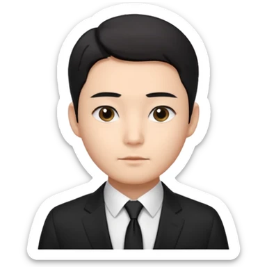 Korean male, clean studio portrait, short black hair with soft middle part,
natural skin tone, neat eyebrows, calm expression,
wearing a black suit, white shirt, black tie,
passport photo style, front facing, realistic, clean background sticker
