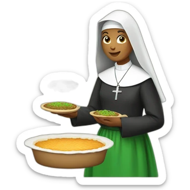 a nun wearing in green presenting a shepherd pie sticker