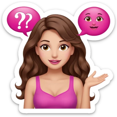 girl with long wavy brown hair, brown eyes, long lashes makeup, sexy pink lips, light to medium complexion, wearing a pink sexy top, shugging, smiling, question mark one speech bubble sticker