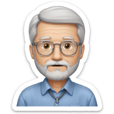 old man with long hair and beard wearing glasses with shirt sticker