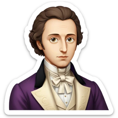 Cinematic Realistic Chopin Portrait Emoji, depicted as an introspective composer with expressive eyes and period attire, rendered with rich textured detail and soft classical lighting that captures his emotive musical genius. sticker