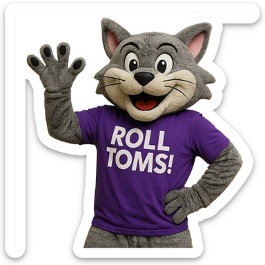 Tommie the Tomcat, University of St. Thomas mascot, in a purple t-shirt with 'Roll Toms!' text, waving and looking energetic sticker