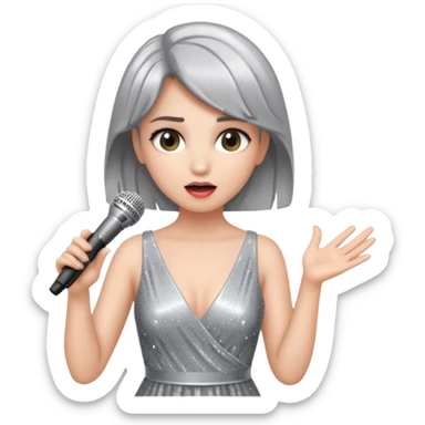A female singer in sparkling dress holding a mic with emotional expression sticker