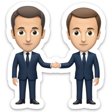 figures of Nicolas Sarkozy and Emmanuel Macron standing side by side, both with oversized heads and small bodies, wearing suits, highly recognizable faces, simplified details sticker