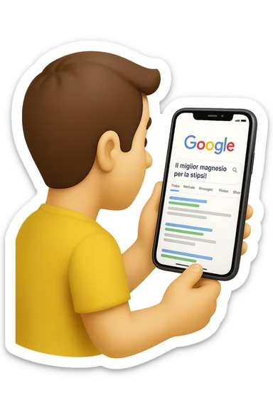 emoji stile iphone di un uomo davanti al pc che cerca di google: "Il miglior magnesio per la stipsi", iperrealistico 4k sticker