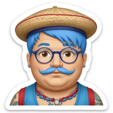 very tattoed face, normal glassess, fat venice gondolier with iconic hat and blue hair woman sticker